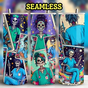 Krankenschwester Lustige Tarot Karten Tumbler Wrap PNG Witchy Skelett 20oz Tumbler Sublimationsentwurf, sarkastischer Pflegehexenschädel Tumble PNG Download