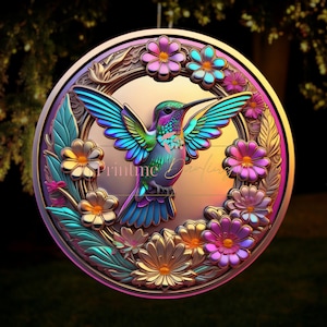 3D Hummingbird Wind Spinner, PNG Sublimation Design, 3D Metal Flowers Print, 10 Inch Round Image, Bird, Nature, Digital Download