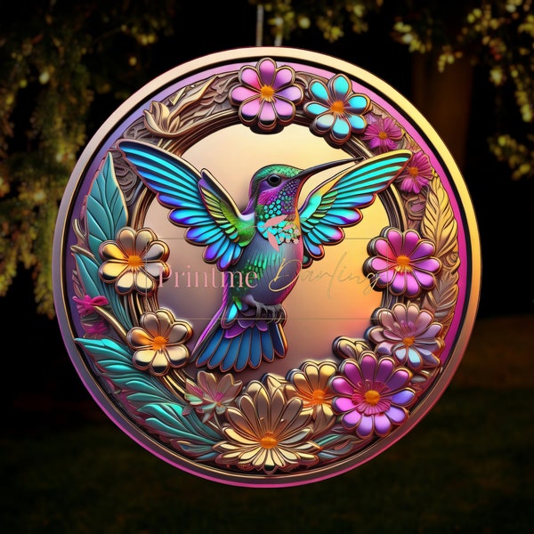 3D Hummingbird Wind Spinner, PNG Sublimation Design, 3D Metal Flowers Print, 10 Inch Round Image, Bird, Nature, Digital Download