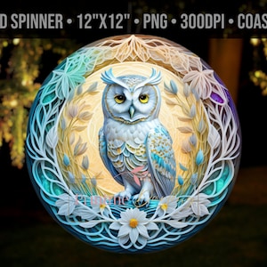 White Owl 3D Wind Spinner Png for Outdoors, 10 inch Round Sublimation Template Design, 3d Floral, Paper Quill Sublimation Prints, Digital