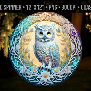 May include: A blue and white owl with yellow eyes sits in a circular frame of white flowers and blue vines. The background is a blurred image of lights.