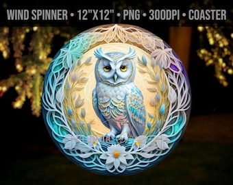 White Owl 3D Wind Spinner Png for Outdoors, 10 inch Round Sublimation Template Design, 3d Floral, Paper Quill Sublimation Prints, Digital