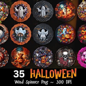 May include: 35 Halloween wind spinner designs featuring various spooky and festive themes.  The designs include ghosts, pumpkins, bats, spiders, and more.  The spinners are perfect for adding a touch of Halloween fun to your home or yard.