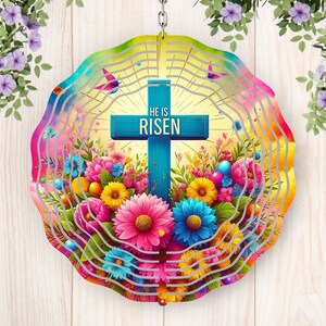 Christian Easter Spring Floral Wind Spinner PNG, Él ha resucitado diseño de sublimación, cruz floral, Jesús Pascua, versículo bíblico redondo archivo PNG