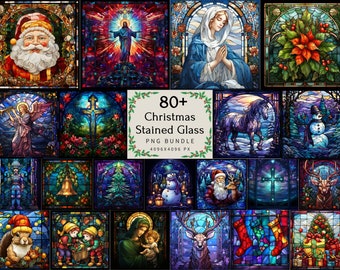 Christmas Stained Glass PNG Bundle, 80+ Christmas Sublimation Design, Church Nativity Scene, Square Coaster, Wind Spinner, Digital Paper