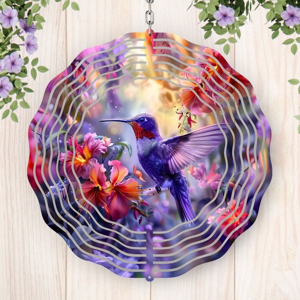 Purple Hummingbird Wind Spinner PNG, Colorful Humming Bird Wind Spinner Sublimation Design Template, Digital Download Round PNG File