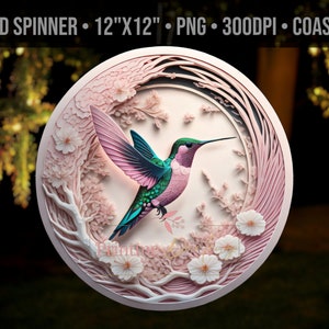屋外用ハチドリ 3D 風車 PNG、10 インチ ラウンド昇華テンプレート デザイン、3D フローラル、ペーパー クイル昇華プリント