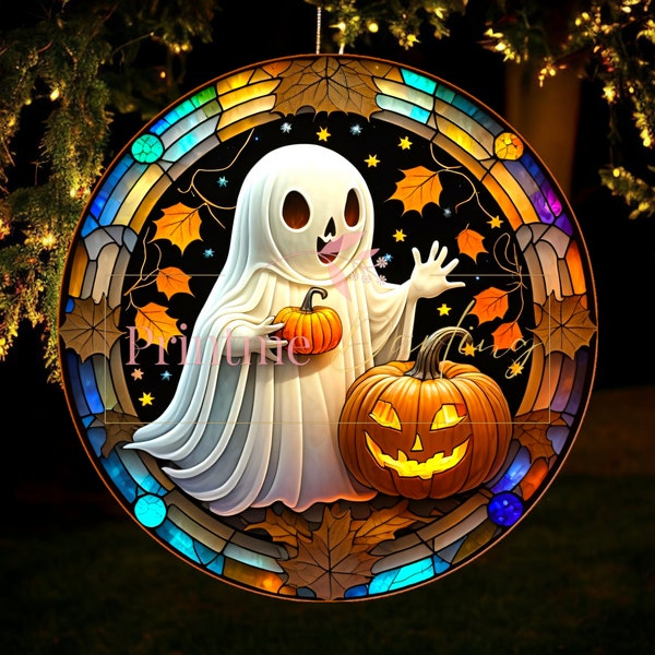 Pumpkin Ghost 3D Wind Spinner Png for Outdoors, 10 inch Stained Glass Round Sublimation Template Design, Fall Halloween Wind Spinner Svg