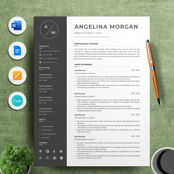 Resume Template, Google Docs Resume Template, Elegant Simple Resume, Resume Template Word, Creative Resume, Professional CV Template