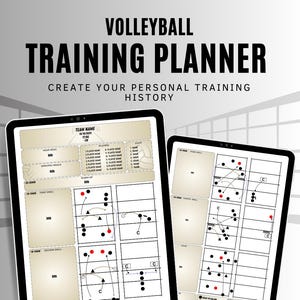 Może przedstawiać: Dwa cyfrowe plannery treningowe do siatkówki. U góry widnieje napis "VOLLEYBALL TRAINING PLANNER CREATE YOUR PERSONAL TRAINING HISTORY". Strony planera zawierają schematy zagrań w siatkówkę, z miejscem na nazwy drużyn, nazwiska graczy i konkretne cele.