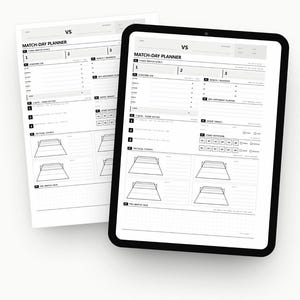 Puede incluir: Un planificador de partidos digital mostrado en una tableta y una hoja impresa. El texto dice: Walk in already ready. Every decision made before the whistle - calmly, on one page you can print or fill on a tablet. Incluye secciones para lineup, rotations, serve targets y the talk.