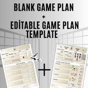 Może przedstawiać: Dwa szablony planu gry w siatkówkę. U góry widnieje napis "BLANK GAME PLAN + EDITABLE GAME PLAN TEMPLATE". Szablony są białe z czarnym tekstem i diagramami. Logo Volleyball Mastery znajduje się na dole.