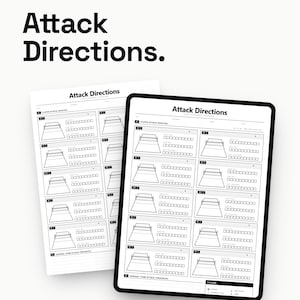 May include: A digital tablet and a printed sheet displaying a Volleyball Mastery Live Scouting form titled Attack Directions. The document features multiple diagrams of volleyball courts with checkboxes for tracking player attack analysis and team tendencies.