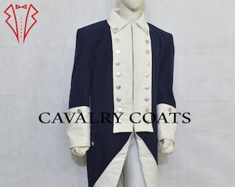 May include: A navy blue and white military-style coat with silver buttons. The coat has a long tail and white cuffs. The text "CAVALRY COATS" is printed on the front of the coat.