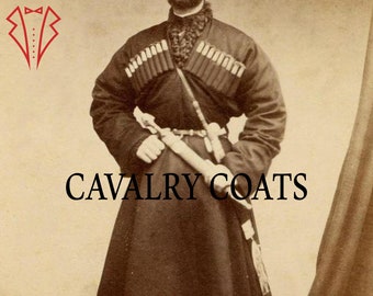 May include: A black cavalry coat with a long skirt and a belt. The coat has a fur collar and is decorated with a row of cartridges.