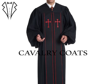 May include: Black clergy robe with red piping and two red embroidered crosses on the front. The robe is long and has wide sleeves. The text "CAVALRY COATS" is printed below the robe.