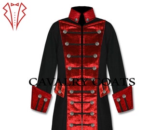 May include: A black and red military-style coat with a high collar and silver buttons. The coat has a long tail and is made of a velvet fabric.