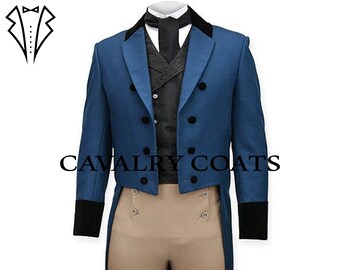 Blue Wool Military Tailcoat with Breeches: Handmade Regency Style
