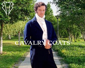 May include: A man wearing a navy blue cavalry coat, white shirt, and cravat stands on a stone path in a park. The text "CAVALRY COATS" is displayed in white across the image. The coat has a tailored fit.