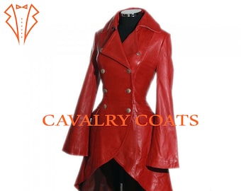May include: A red leather coat with a high collar, double-breasted closure, and a high-low hemline. The coat has a fitted waist and flared sleeves. The text "CAVALRY COATS" is printed on the front of the coat.