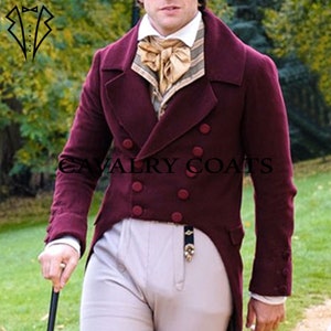 New Men Burgundy Wool Mr Malcolm Tailcoat, Malcolm Inspired Tailcoat, Custom made Regency Style Tailcoat With Worldwide Shipping