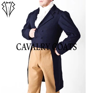 May include: A navy blue tailcoat with a long, flowing back. The coat has a double-breasted closure and a white cravat.