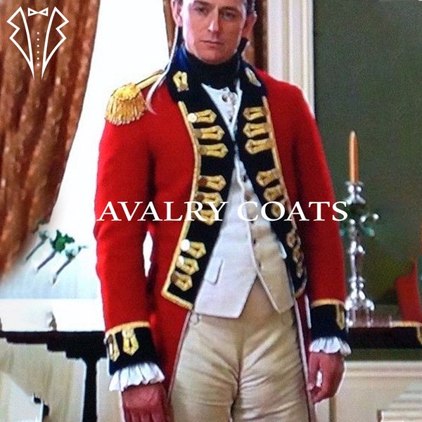 New Men Red Wool British 2015 Scandalous Lady W2 Military Dress With Gold Braid Work, British Frock Coat, Napoleonic Frock Coat