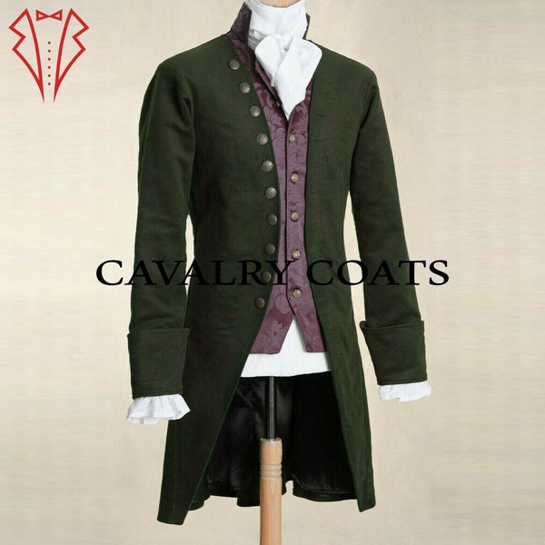 New Green Wool 18th Century Style Man's Frock Coat, Military Frock Coat, 80s Frock Coat, Worldwide Expedited Shipping