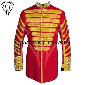 May include: A red military-style jacket with gold trim and buttons. The jacket has a stand-up collar and long sleeves. The jacket is decorated with gold braid and buttons. The text "CAVALRY COATS" is visible on the jacket.