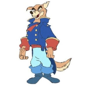 May include: A cartoon illustration of a dog wearing a blue and red military uniform with gold buttons. The dog has a brown and white coat and a mischievous expression.