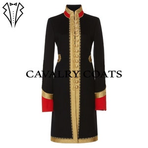 Wool Hussar Jacket: Black Military Style Coat with Gold Braid