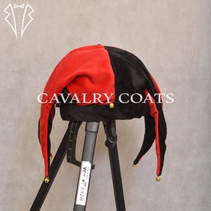 Maroon & Black Jester Hat: Velveteen Harlequin Cap with Jingle Bells