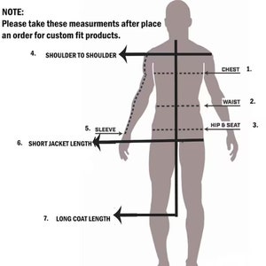 May include: Diagram showing how to take body measurements for custom clothing. The diagram shows a person standing with lines indicating where to measure the chest, waist, hip and seat, shoulder to shoulder, sleeve length, short jacket length, and long coat length.