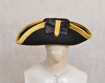 Black Wool Tricorn Hat with Gold Trim: Historical Reenactment Costume