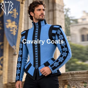 May include: A light blue doublet jacket featuring black vertical trim, a high collar, and a row of small dark buttons. The sleeves and shoulders are accented with black panels and embroidered blue floral patterns. The text Cavalry Coats is visible.