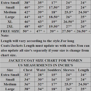 May include: A size chart for jackets and coats in inches. The chart shows measurements for chest, waist, shoulders, sleeves, and length. The chart is divided into two sections: one for men and one for women.