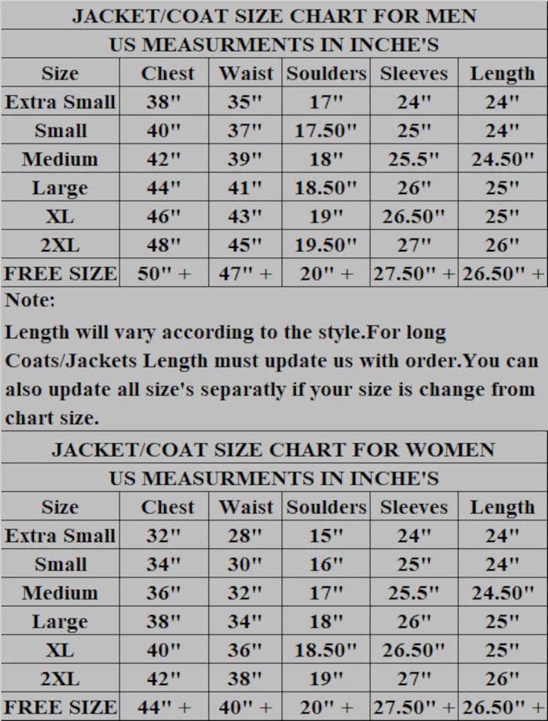 May include: A size chart for jackets and coats in inches. The chart shows measurements for chest, waist, shoulders, sleeves, and length. The chart is divided into two sections: one for men and one for women.