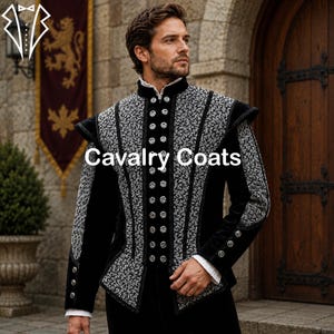 May include: A black and silver patterned jacket with a high collar, long sleeves, and a double row of silver buttons down the front. The garment features intricate floral embroidery on the silver panels and solid black velvet sections. Text reads Cavalry Coats.