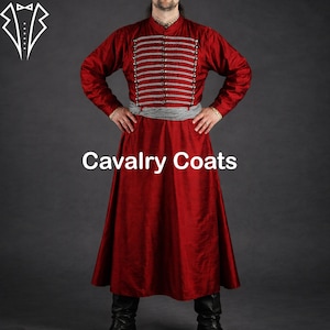 May include: A red cavalry coat with silver accents and a high collar. The coat features multiple horizontal silver stripes across the chest and a matching silver belt. The text "Cavalry Coats" is displayed in white.