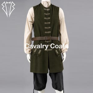 May include: A dark olive green sleeveless waistcoat featuring a front button closure with decorative loops, a brown leather belt at the waist, and two flap pockets. The waistcoat is worn over a cream-coloured long-sleeved shirt and black breeches.