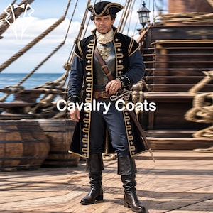 May include: A black long coat with gold trim, a white ruffled cravat, a metallic chest plate, dark blue trousers, black leather boots, and a tricorn hat. The text Cavalry Coats is displayed in white over the centre of the image.