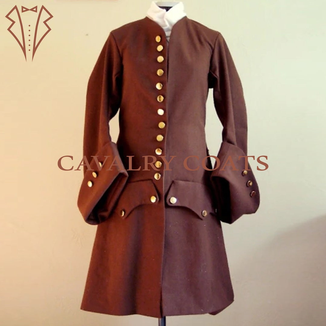 Men's Dark Brown Wool Frock Coat: 18th Century Military Style
