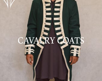 May include: A dark green military-style coat with white trim and silver buttons. The coat has a high collar and a double-breasted closure. "CAVALRY COATS" is printed on the front of the coat.