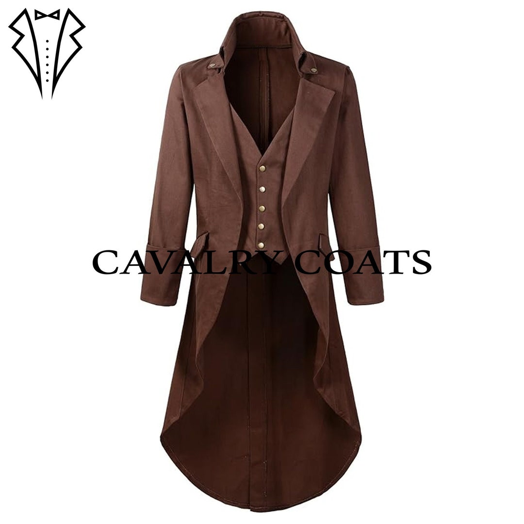 Men's Black Cotton Twill Steampunk Tailcoat Silver Button Jacket Goth Victorian Coat