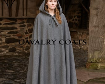 Capa medieval de lana con capucha, capa gris de cuerpo entero, traje renacentista