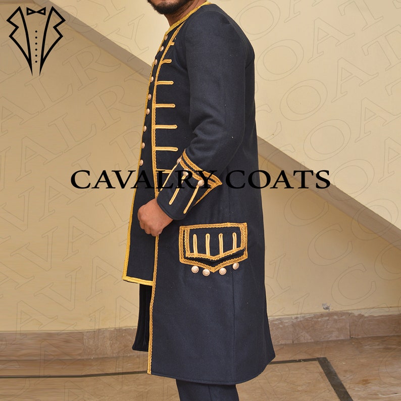 New Men Navy Blue Wool Frock Coat, 18th Century Steampunk Frock Coat