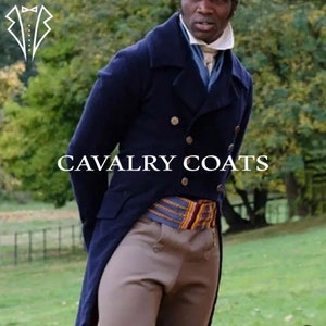 May include: A navy blue double-breasted coat with a long tail, a colorful patterned belt, and the text "CAVALRY COATS" in white.
