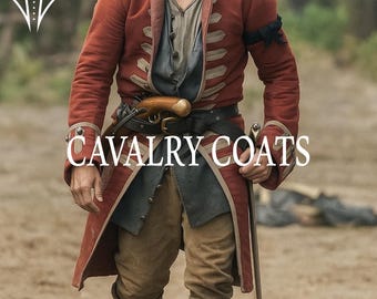 May include: A red cavalry coat with gold buttons and trim, layered over a blue and gray vest and shirt. The image features the text "CAVALRY COATS" in white, with a logo in the upper left corner. The coat is part of a historical costume.