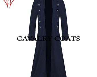 May include: A long, dark blue coat with a high collar and silver buttons. The coat has a double-breasted closure and a long, flowing silhouette.