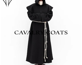 Túnica de monje medieval con capucha – Disfraz de fraile de lana negra